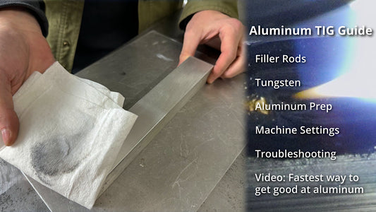 Aluminum bar being prepped to TIG weld (left). Content list on right: filler rods, tungsten types, aluminum prep, machine settings, troubleshooting, video (right).