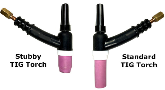 A stubby tig torch is shorter than a standard tig torch.