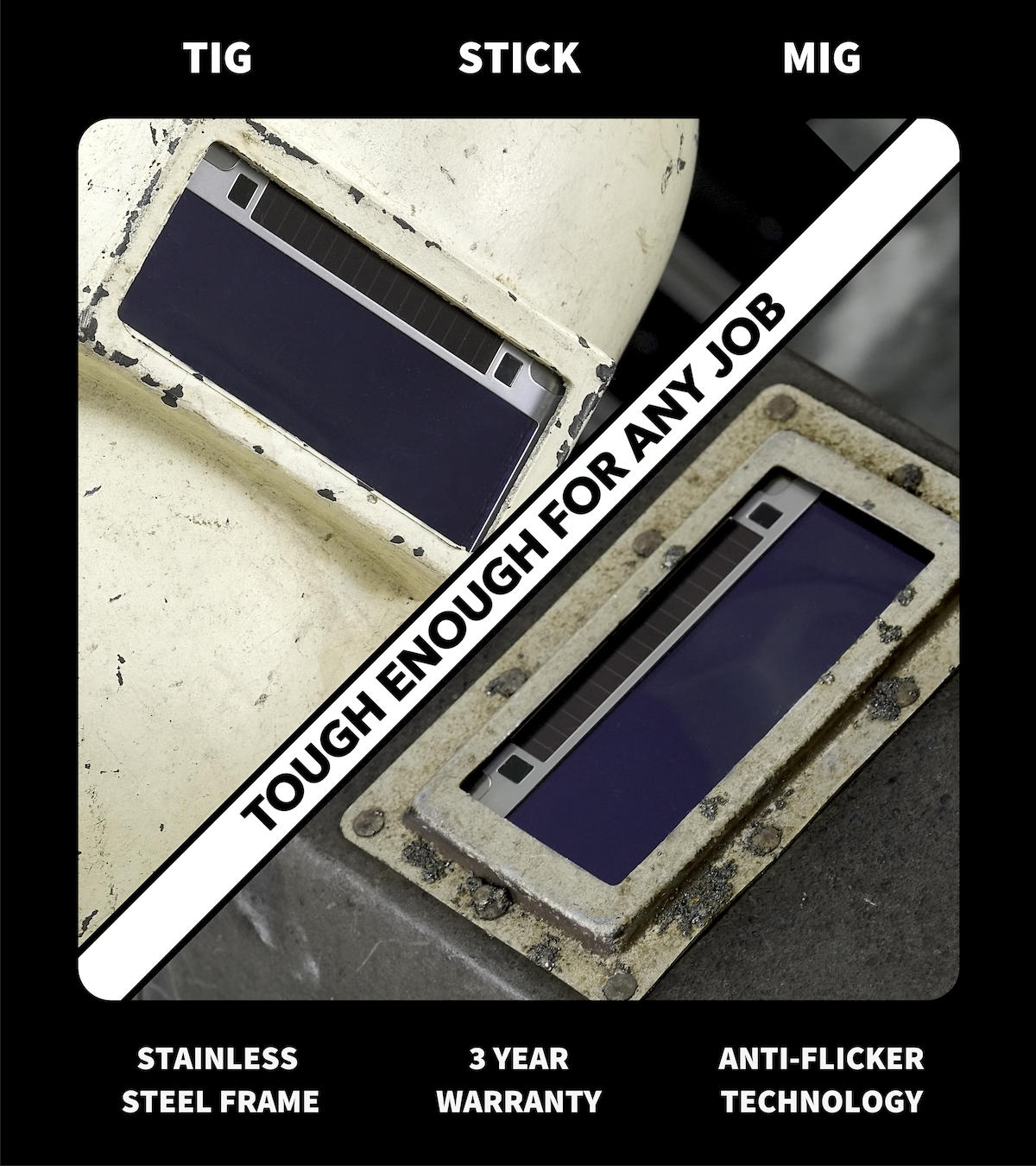 Clairvoyant 3.0 in two different welding hoods, showing how Grumpy Vision fits in all 2x4 hoods.  Text reads: Tig, Stick, Mig. Tough enough for any job. Stainless steel frame. 3 Year warranty. Anti-flicker technology.