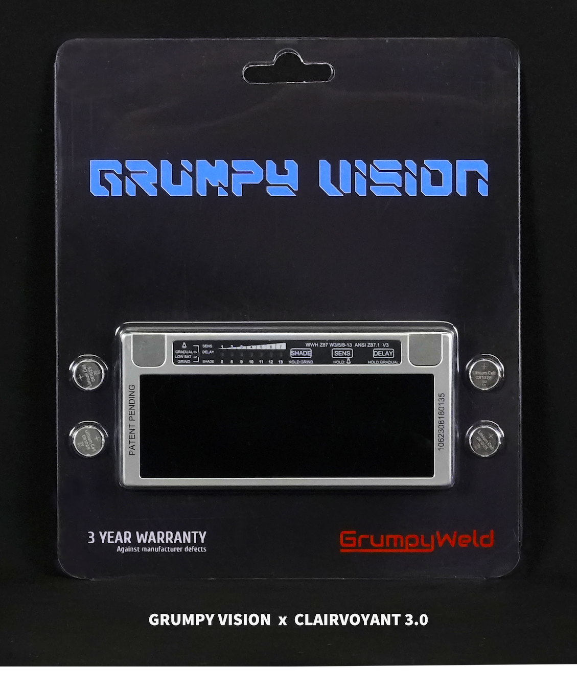 Packaging of Grumpy Vision x Clairvoyant 3.0, showing the controls on the back side of the variable shade lens.