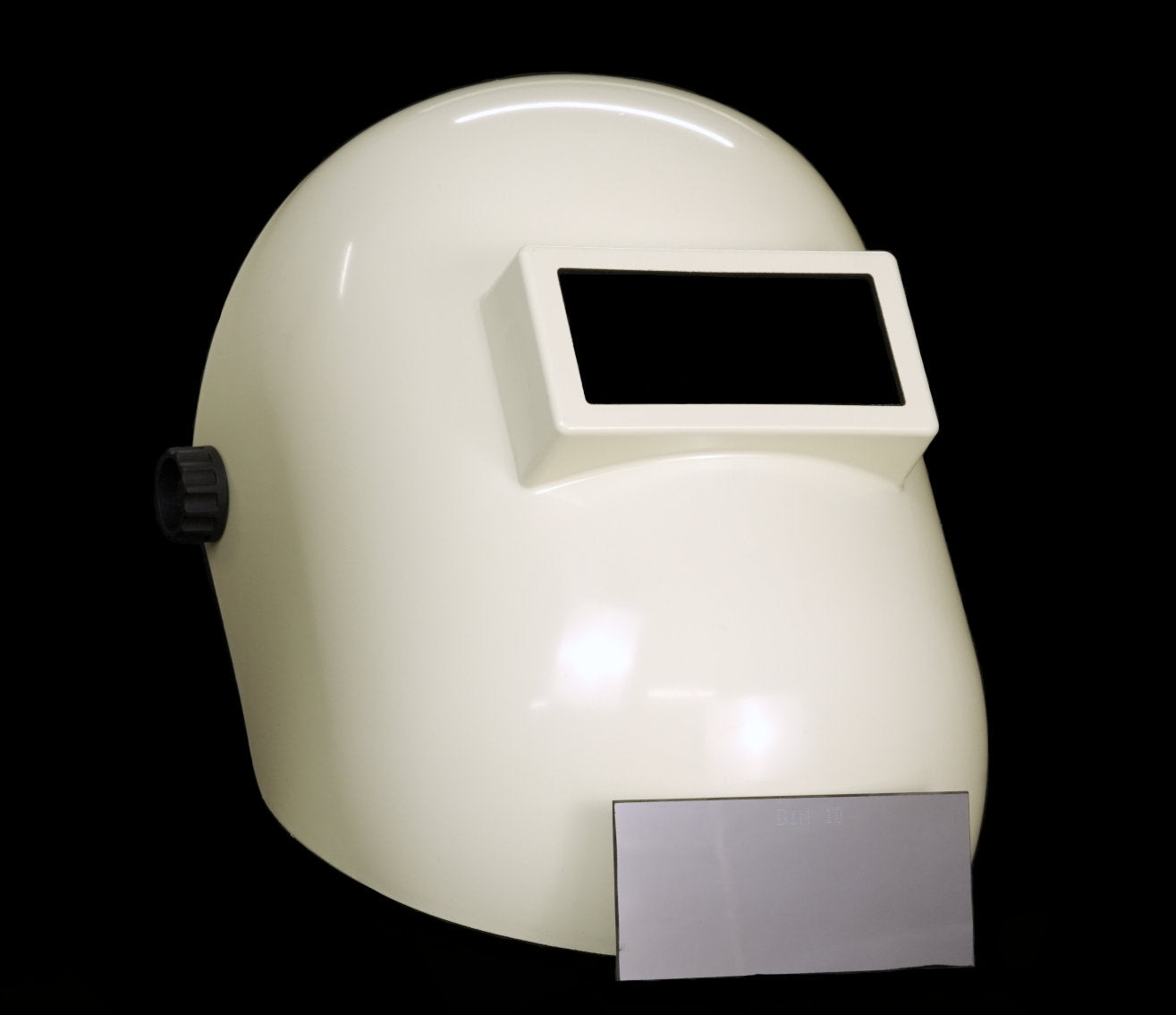 Sugar scoop hood with the included welding lens leaning against it.