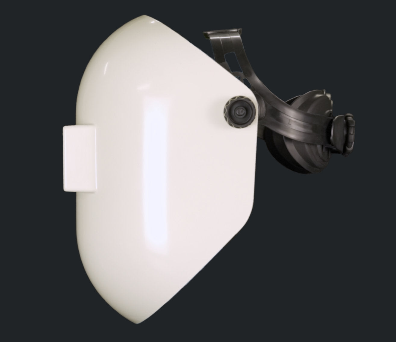 Chopped sugar scoop welding hood.  A side view that shows its trim profile and comfy headgear.