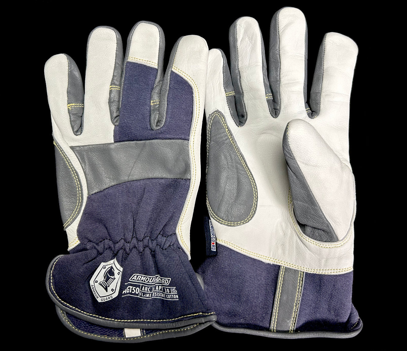 top and bottom of t50 tig gloves showing premium goat skin leather and FR cotton