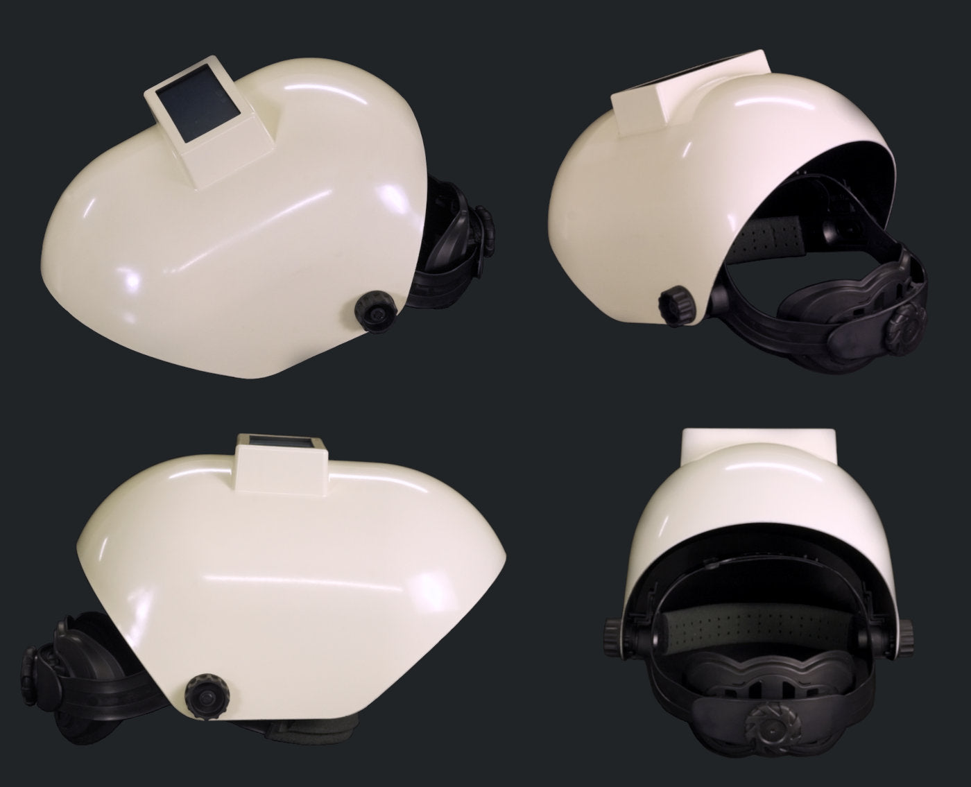 Four different angles of welding hoods, showing their shape and how the adjustable headgear fits inside.