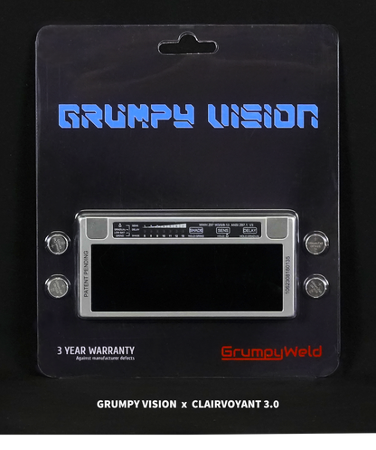 Packaging of Grumpy Vision x Clairvoyant 3.0, showing the controls on the back side of the variable shade lens.